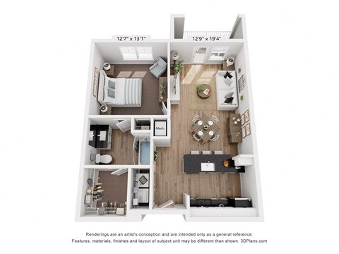 Floor plan for 1 bed, 1 bath, 643 sqft